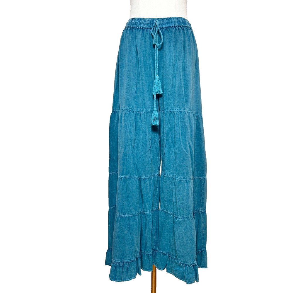 Women's Cropped Turquoise Blue Tiered Wide Leg Flowy Drawstring Pants Boho